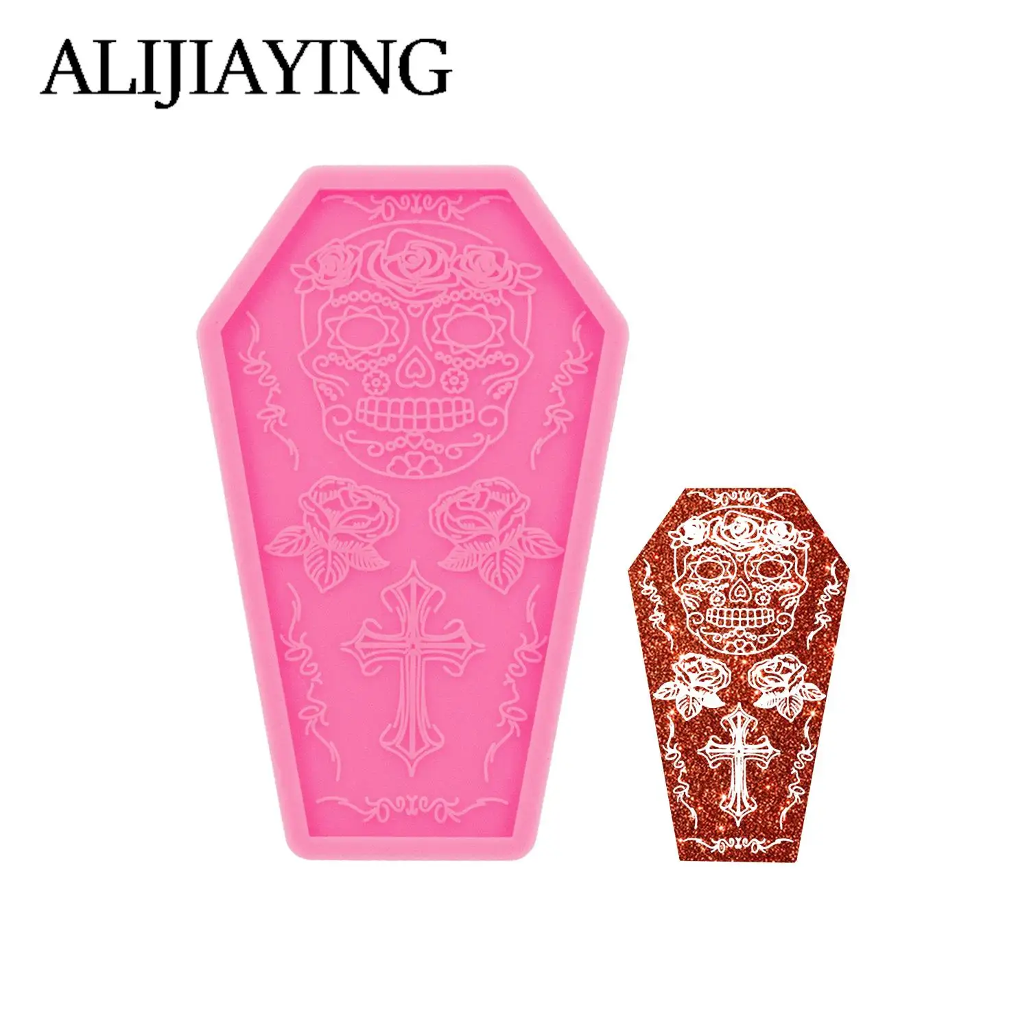 DY1450 Glossy Halloween Coffin Keychain Mold Crafts Art With Epoxy Resin, Coffin Skull Silicone Coaster Molds, Chocolate Cake