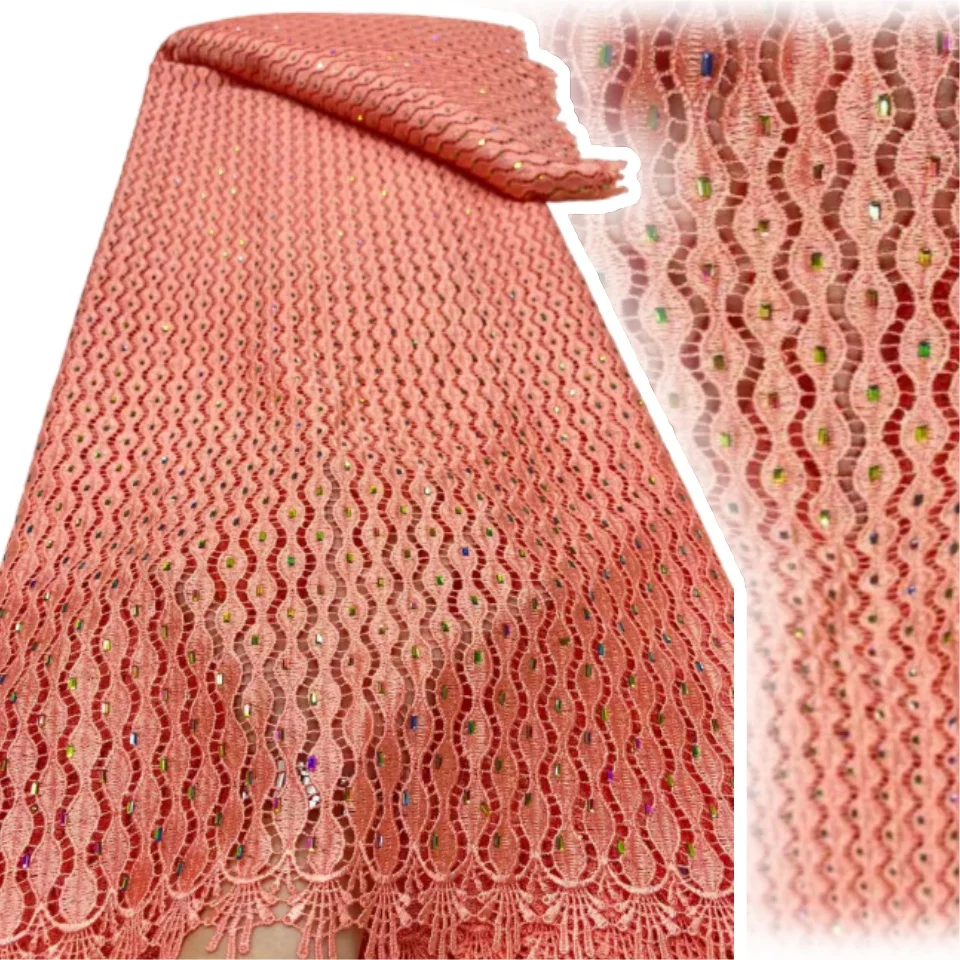 

New African Guipure Cord Beaded Lace Fabric with Stones Chemical Lace Fabric Water Soluble Lace for Women Evening Dresses TP1468