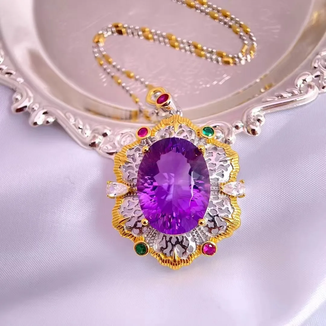 Natural Amethyst Pendant, 925 Silver Two-Tone Finish Vintage Lace Handmade, Crystal Jewelry Gift for Women