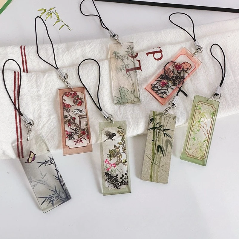 Chinesischer Vintage-Stil Acryl-Schlüsselanhänger für Frauen Traditioneller Bambus-Blumen-Anhänger mit Doppelseitiger Bemalung Taschenanhänger Mädchengeschenk