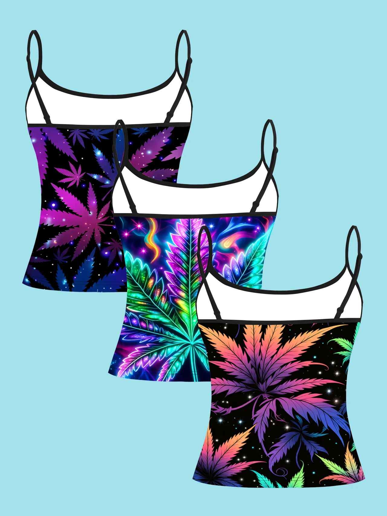 3-Pack Neon Colorful Cannabis Leaf Starry Sky Print Thin Camisole Purple Blue Green Fluorescent Psychedelic Leaf Pattern Slim Fit Sleeveless Top Y2K Hip-Hop Psychedelic Inner Wear Outerwear Base Shirt