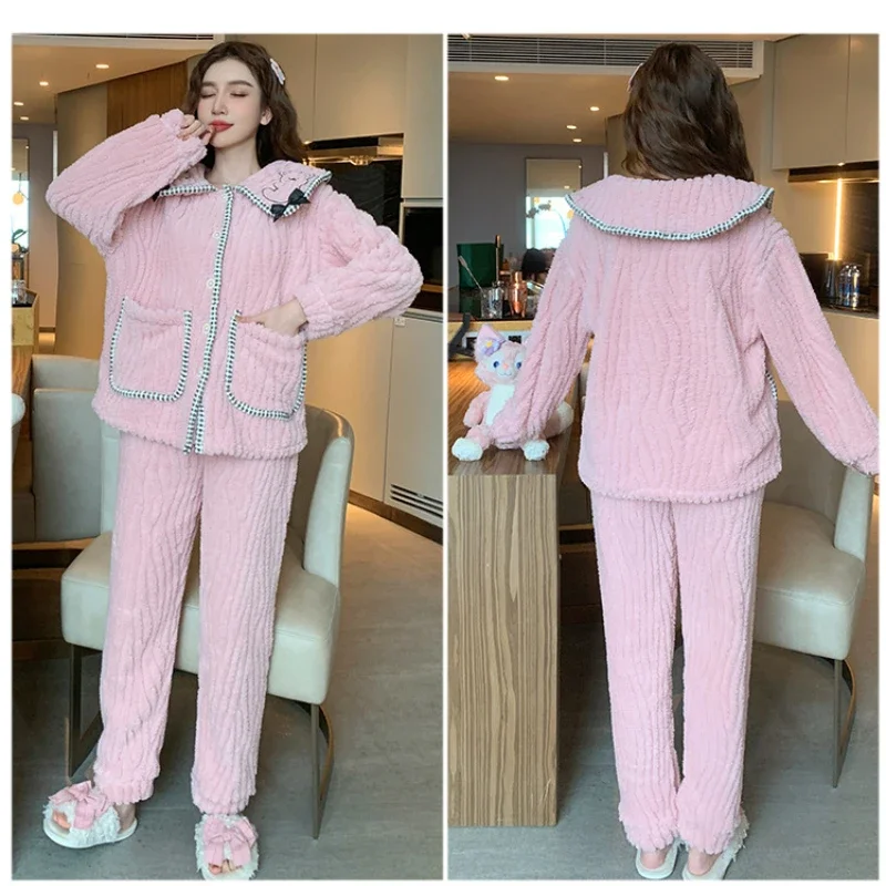 5XL Large Size Plush Pajamas Women\'s Winter Coral Fleece Homewear Sweet Ins Long-sleeved Cardigan Trousers Loungewear Outwear