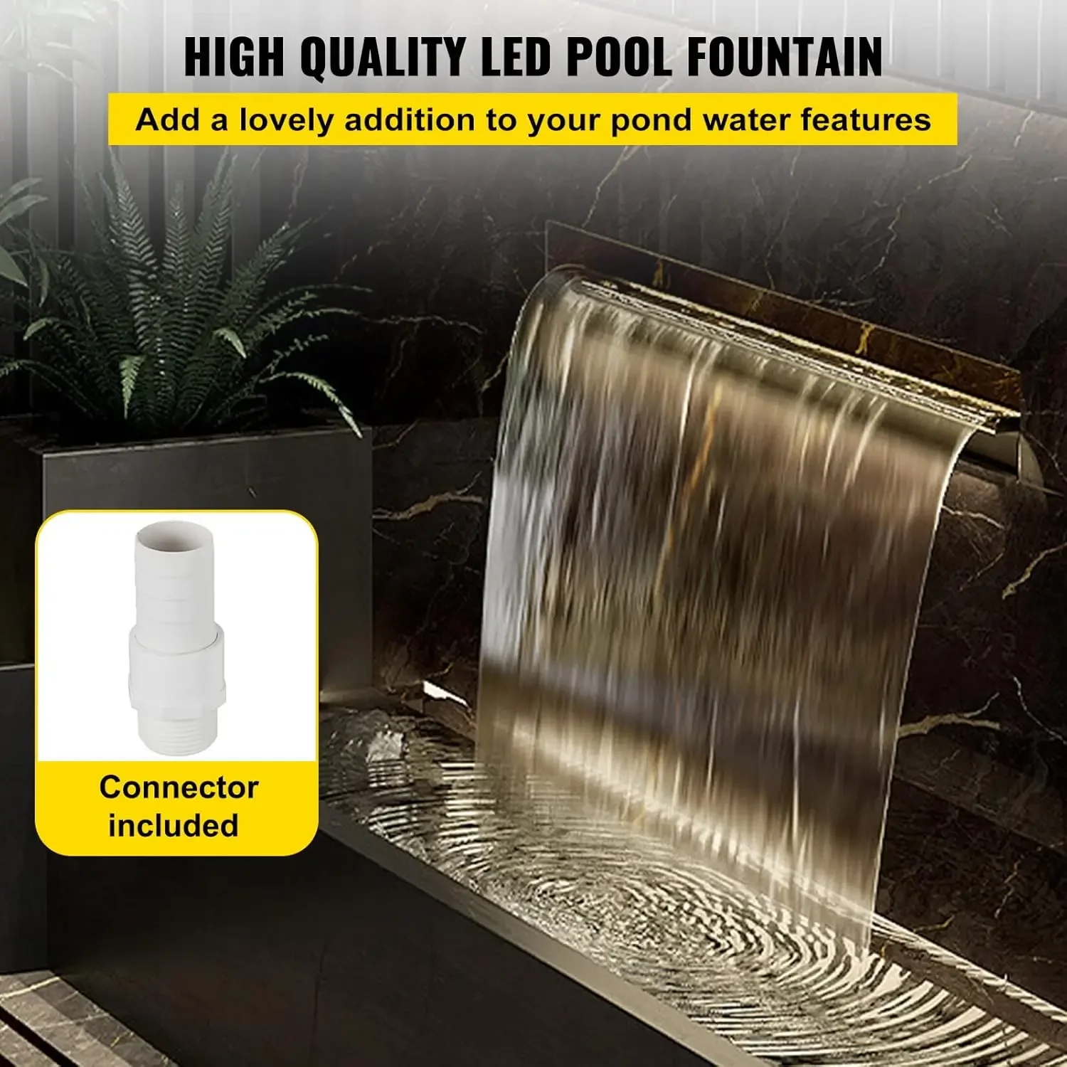 Fuente de piscina Cascada de piscina de acero inoxidable 11,8" x 4,5" x 3,1" con tira de luz LED Cascada Spillway con tubo