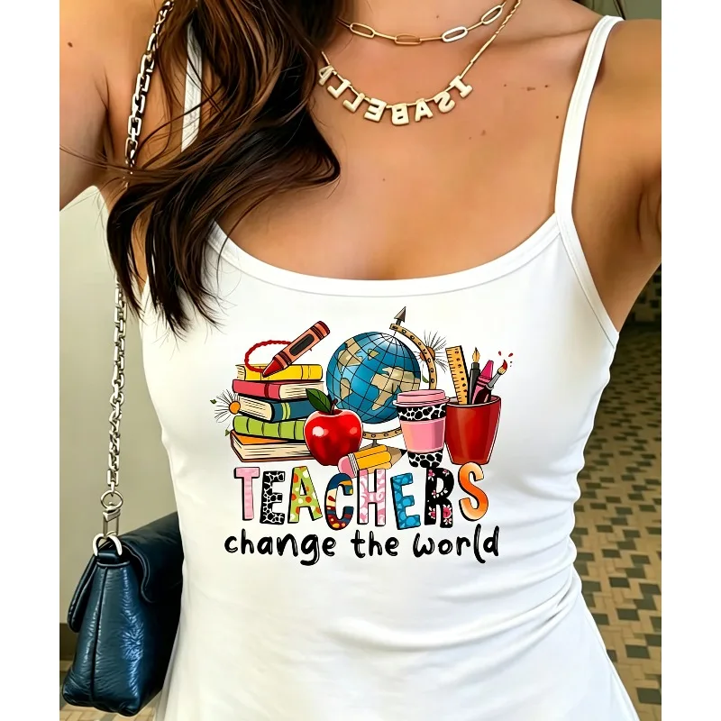Women Teachers Change The World Graphic Spaghetti Strap Tank Top School Supply Apple Globe Print Cute Teacher Casual Summer Vest