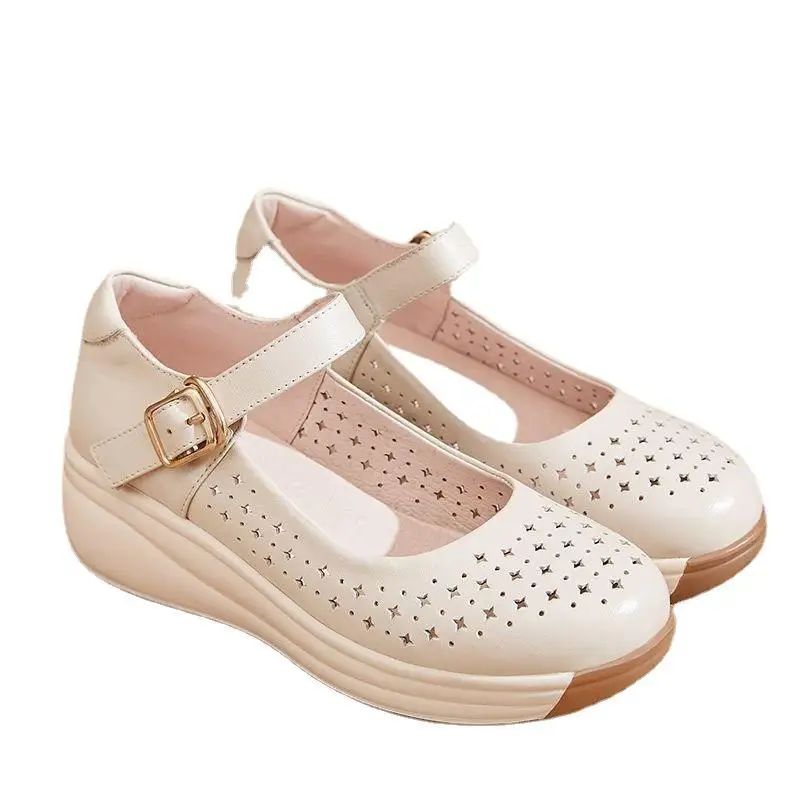 Sandali con fibbia alla caviglia da donna retrò traspiranti comode scarpe da ballo per mamma sandali con plateau con zeppa a punta tonda da donna