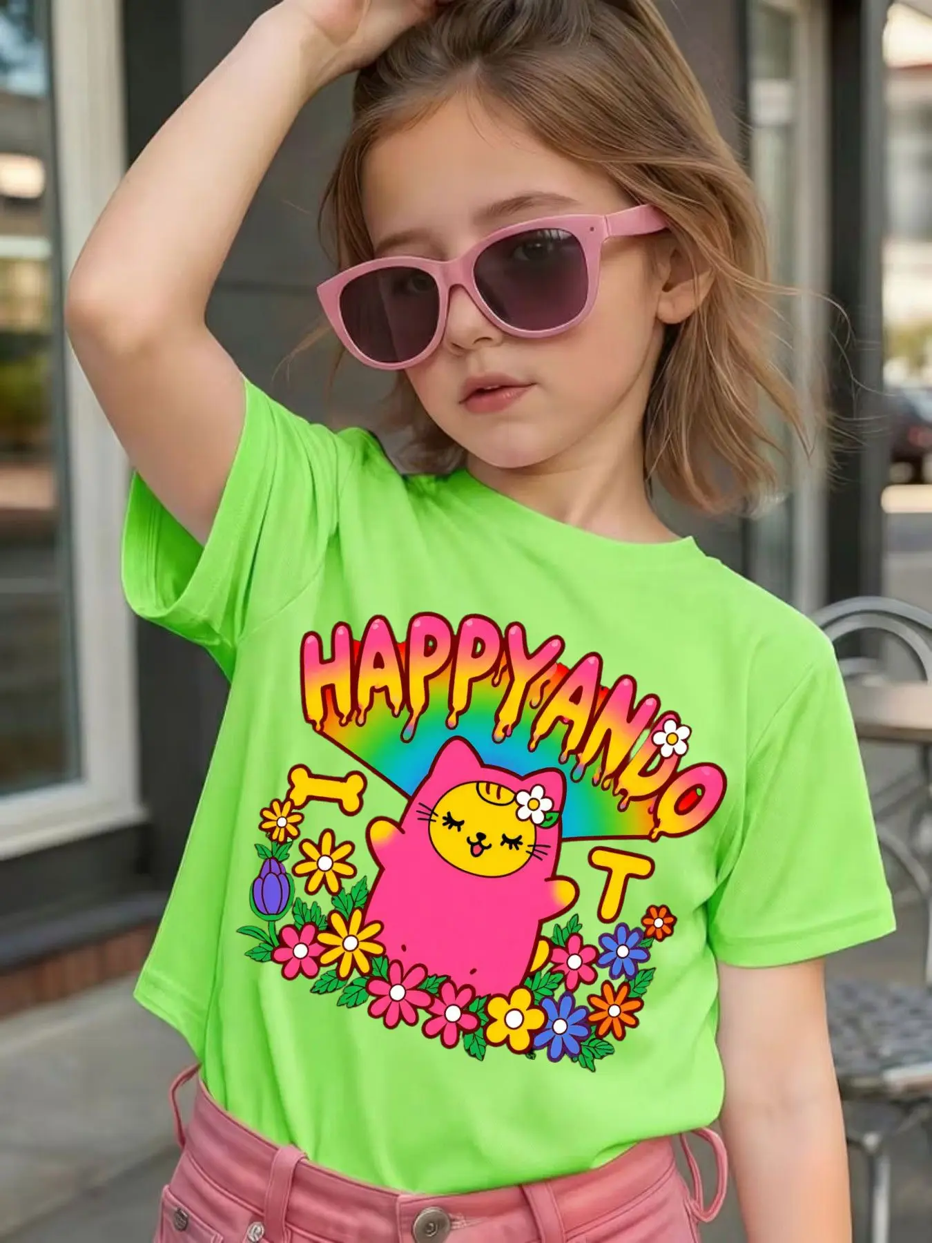 Cute Pink Cat Rainbow Floral Letter Graphic Kids Tee Boys Girls Family Matching Cotton Crew Neck Short Sleeve Soft Summer Tee