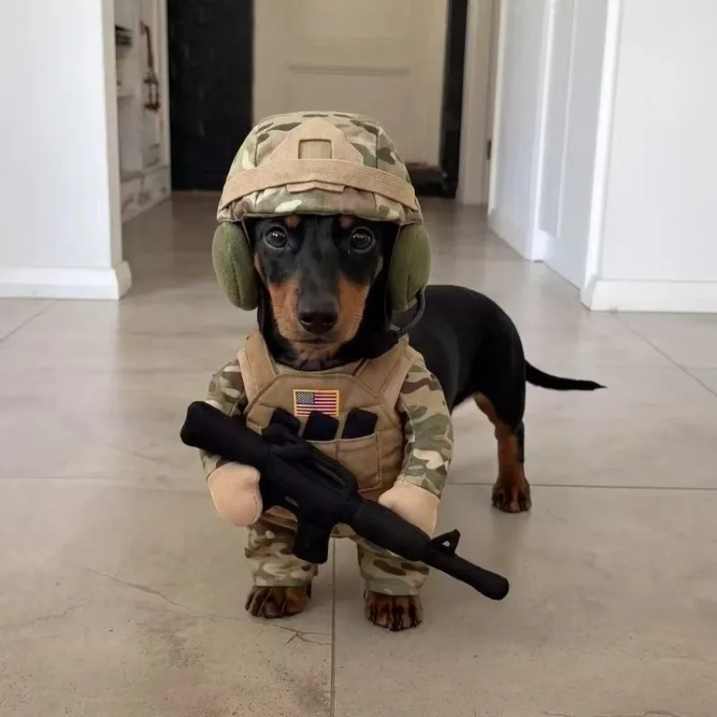 Pet Tactical Soldier Uniform, Halloween Pet Soldier Costume with Hat, Tactical Dog Harness for Dogs & Cats Funny Outfit