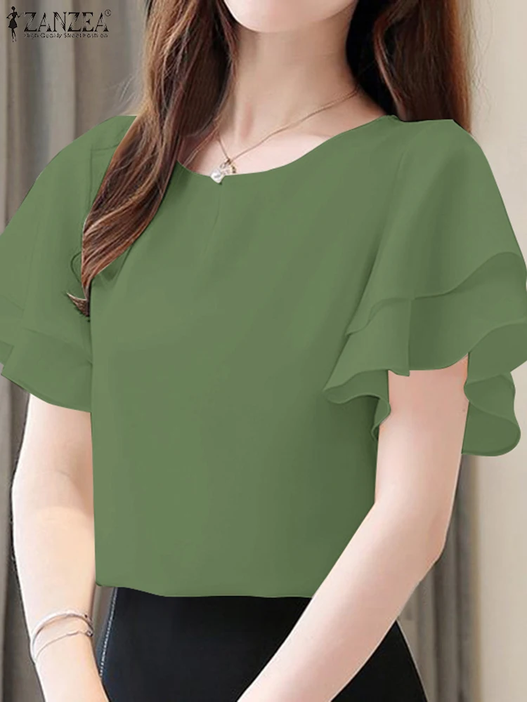 ZANZEA 夏エレガントな半袖オフィスシャツ女性ブラウス 2025 カジュアル固体 OL ワークトップスファッション O ネックホリデーパーティー Blusas