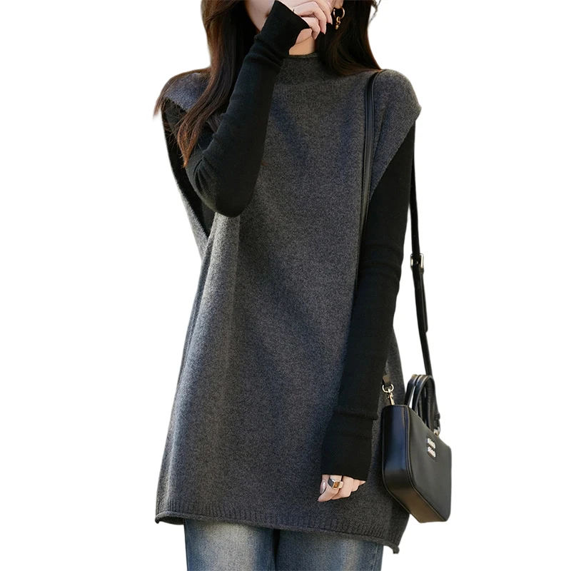 

Medium length style Vest Women's knitting Merino Wool Sweater Half-height Neck Rolled Hem Design High quality Soft&Loose Pullove