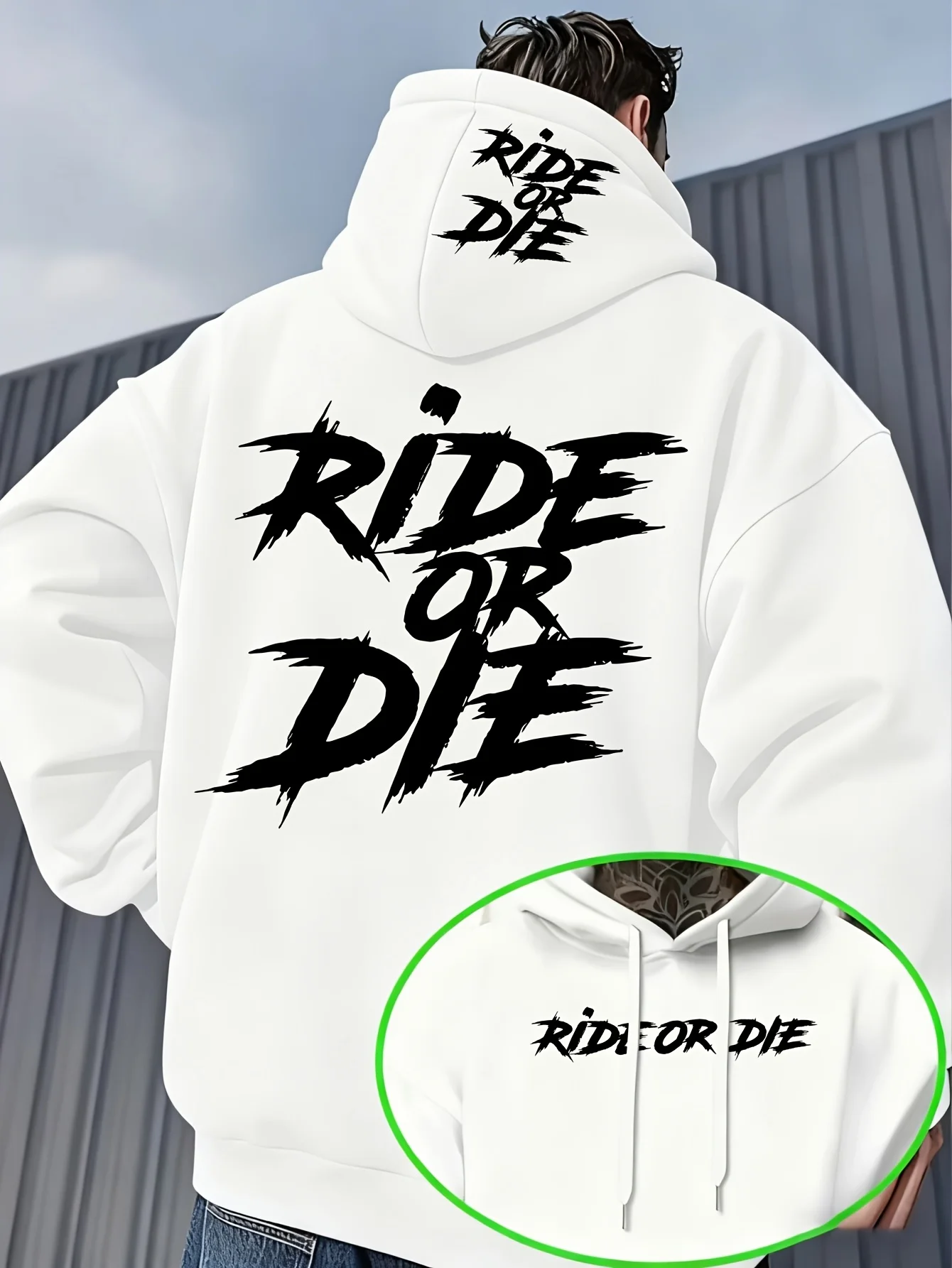 Herren Ride or Die Sport-Hoodie, Schwarzer Graffiti-Schriftzug, Beiger Oversized Pullover, Streetwear-Sweatshirt für Frühling und Herbst – Detail 5