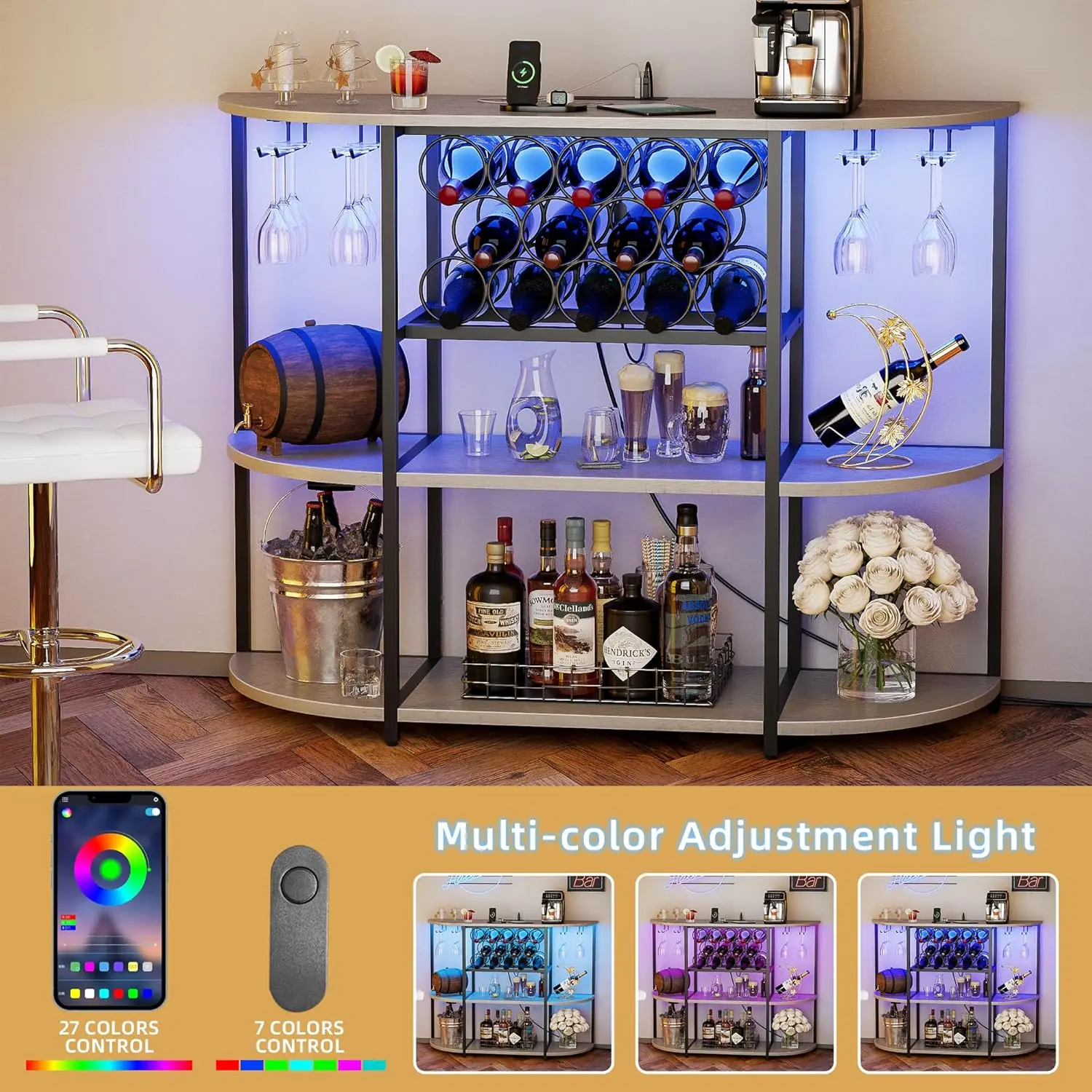 Wine Bar Cabinet with LED Lights and Power Outlets, Freestanding Coffee Liquor Bar Cabinet with Glass Holder, Wine, Customized - view 4