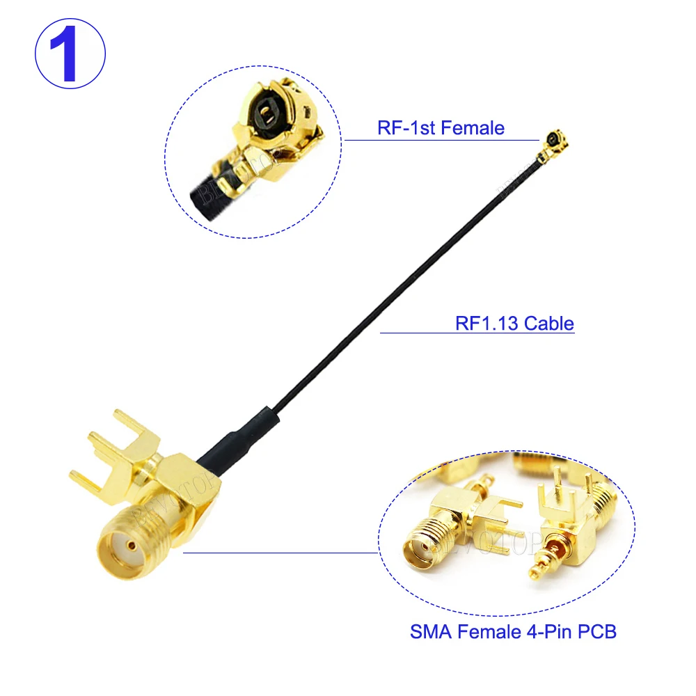 1Pcs RF0.81/RF113 Cable IPX-1/IPX-4 MHF4 Female to SMA Female 4-Pin Right Angle PCB Pigtail WIFI Antenna Extension Jumper