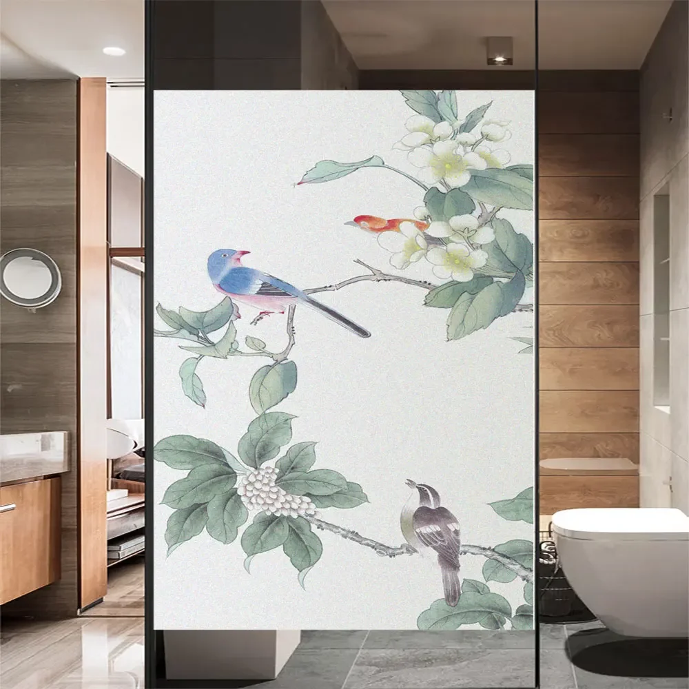 Static Cling Window Film Privacy Flowers And Birds Non Glue Frosted Glass Sticker  Window Coverings for Homedecor