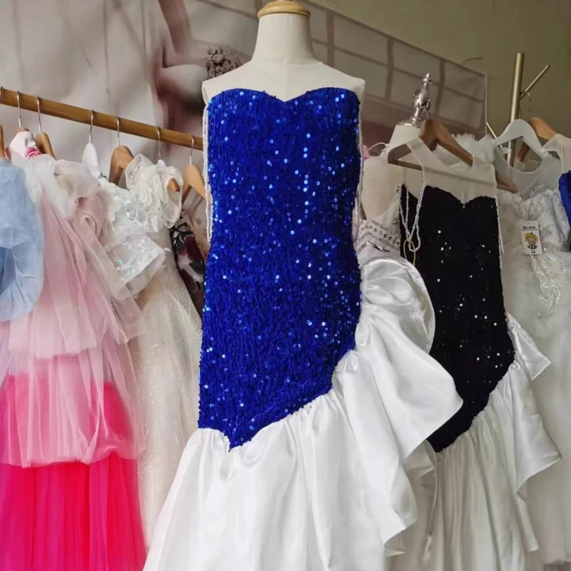 2024Spring Summer Girls' Black Sequin Bodycon Mermaid DresstChildren's Fashion Show Piano Performance Costume