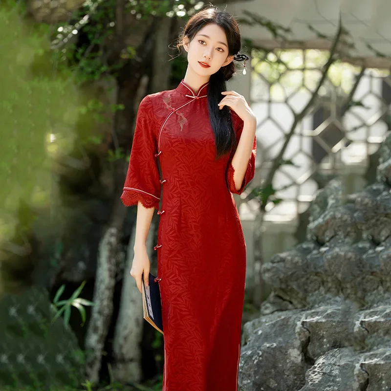

Красное длинное улучшенное платье Cheongsam 2024, новый стиль, тонкое весенне-осеннее платье в стиле ретро с длинными рукавами Qipao