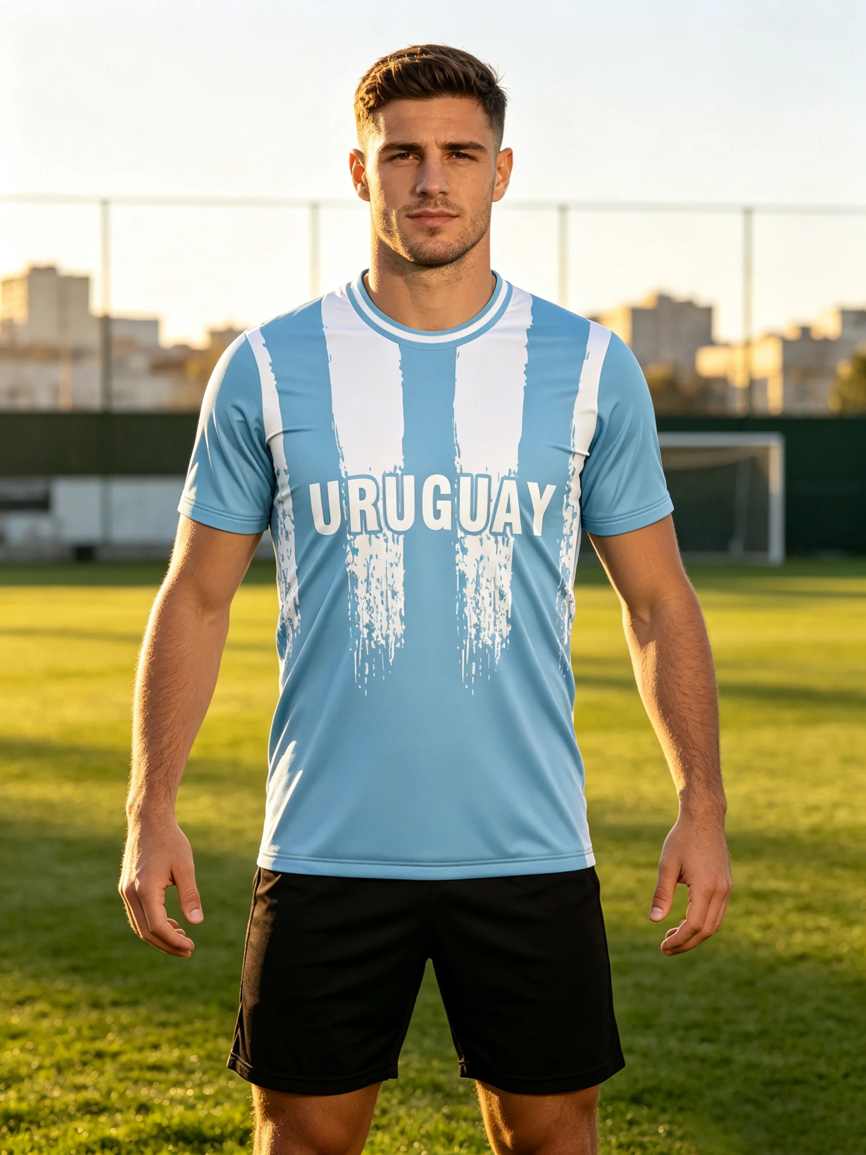 Uruguay themed football jersey,classic sky‑blue‑white stripes,distressed brush print,moisture‑wicking fabric,athletic fit