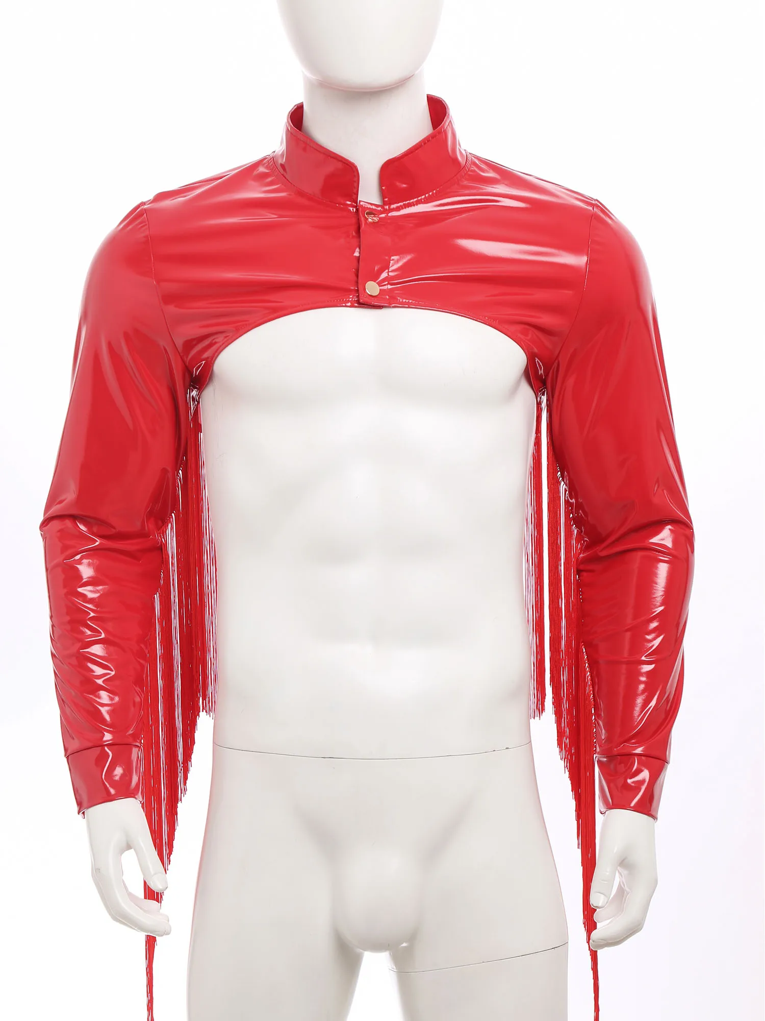 

Men Stylish Fringed Jacket Long Sleeve Front Hollow Out Shoulder Crop Tops for Nightclub Rave Party Musical Dance Outfits