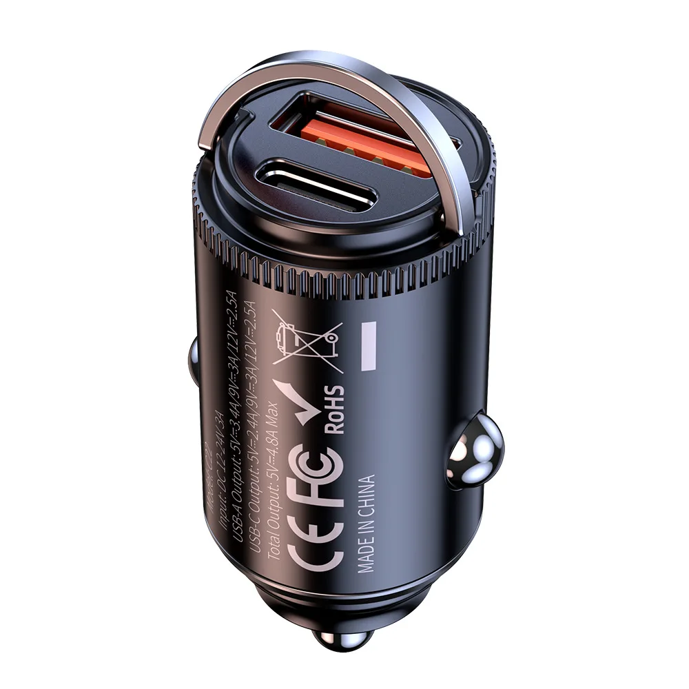 Metal Small Pull Ring Mini Car Charger Super Fast Charging PD27W Invisible Car Charger QC3.0 Flash Charging Car Charger