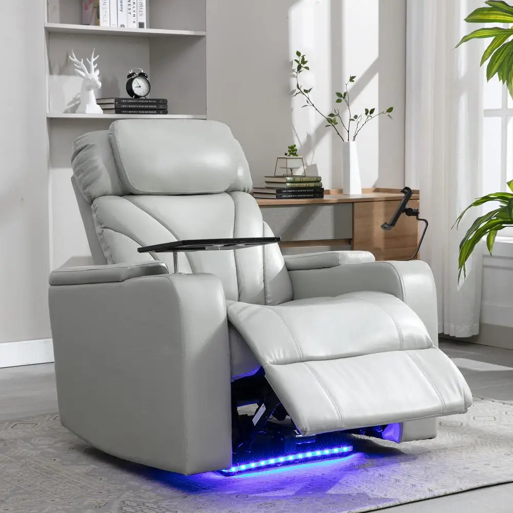 Power Recliner Light Grey PU Leather Electric Recliner Chair with USB Port Cup Holder Bluetooth Speaker Phone Holder Tray Table