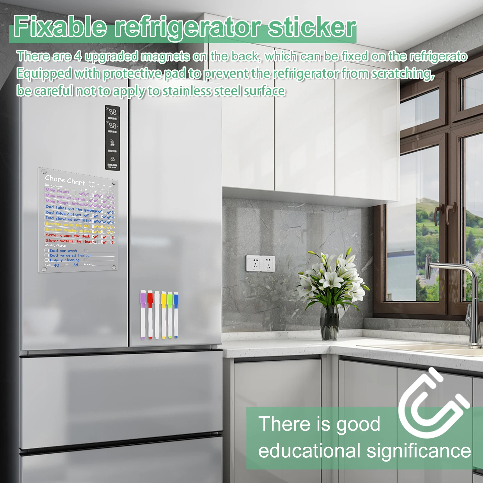 Magnetic Chore Chart Erasable Acrylic Fridge Family Daily to Do List with 6 Markers Kids Routine Checklist Task Planning Board