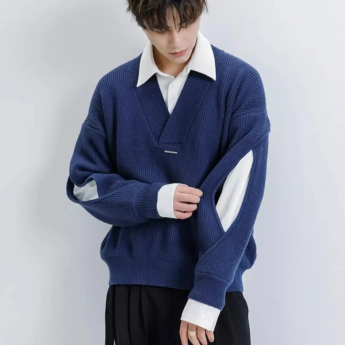 

Мужской повседневный вязаный свитер с воротником-поло, имитация двухслойности, зимний, теплый, утолщенный, с длинными рукавами, для отдыха, в университетском стиле