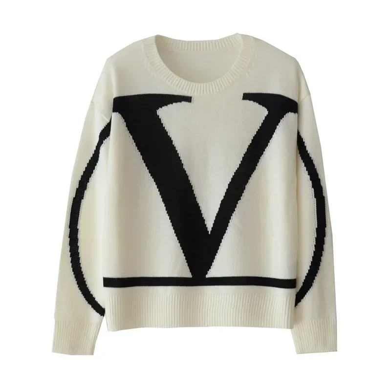 2024 New Large V Letter Embroidered Sweater Round Neck Long Sleeve Loose Knit Sweater T-shirt Top