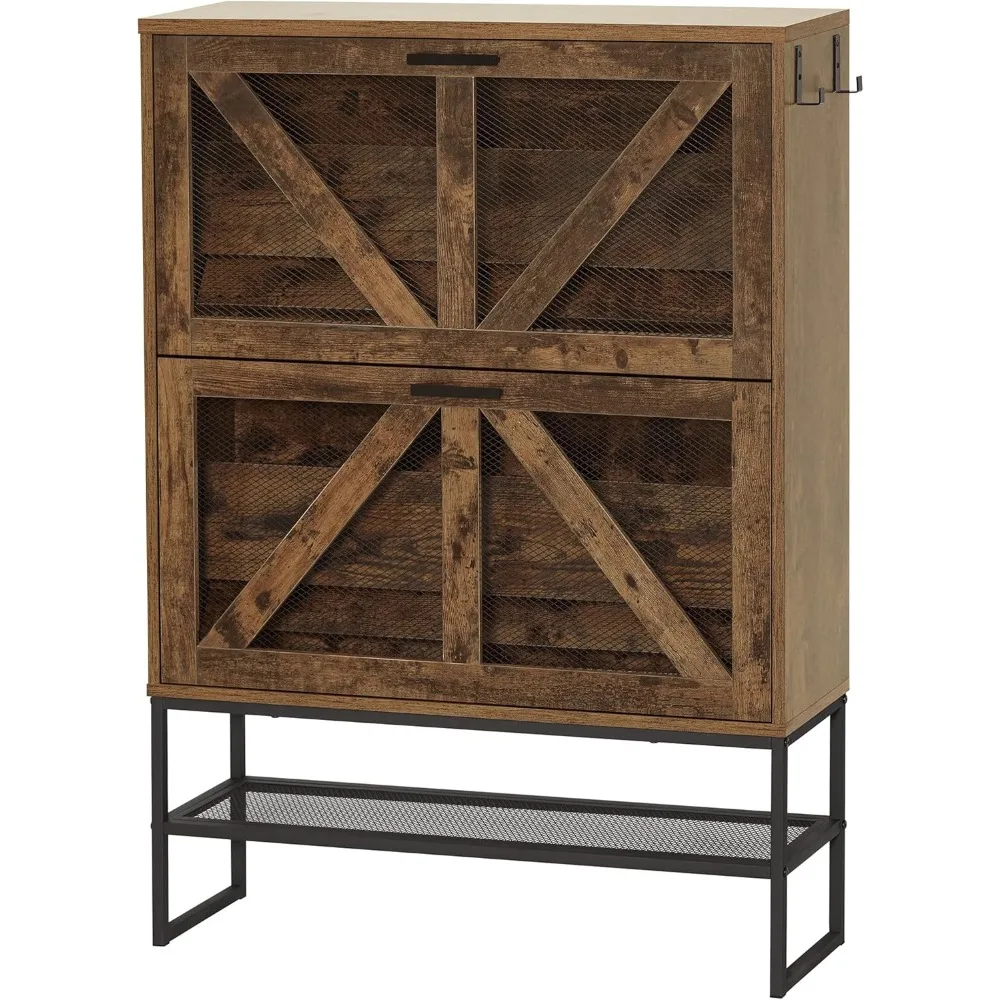 

Cabinet with 2 Flip Drawers, Farmhouse Shoe Organizer for Entryway/Hallway, Freestanding Shoe Rack Cabinet with Wire Netting