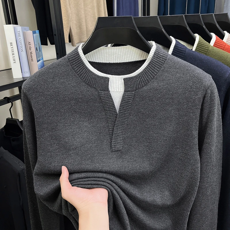 New Trendy Men Fake Two Pieces Basic Clothes 2025 Autumn Winter Wool Blend Jumper Thick Long Sleeve Sweater Pullover Warm Tops