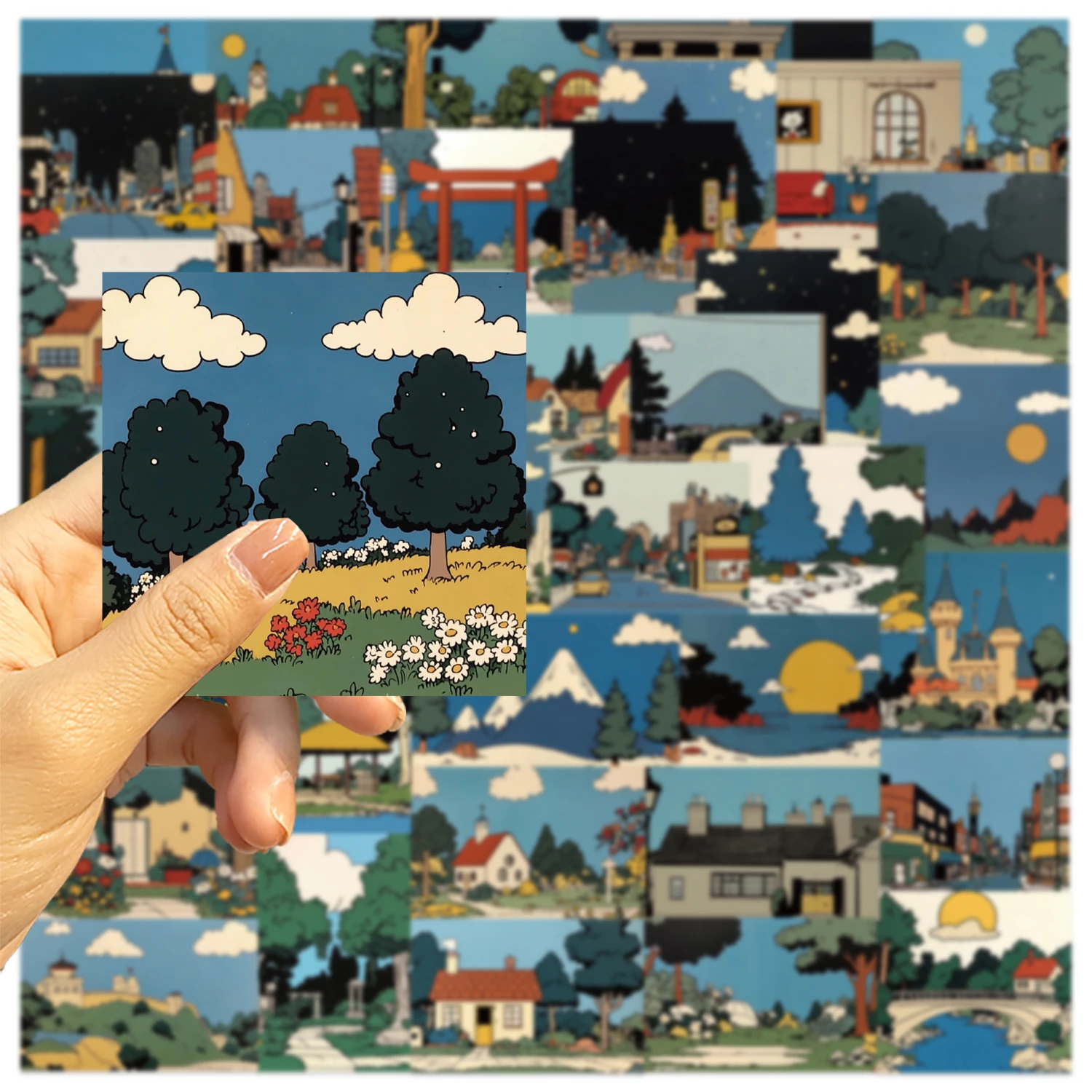 50PCS Retro Cartoon Landscape Graffiti Stickers For Laptop Guitar Luggage Bike Skateboard Waterproof Sticker Decal Toy