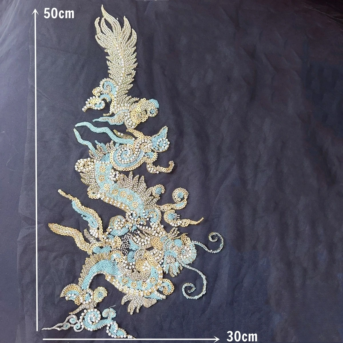 4PCS=1Set Chinese Style Embroidery, Black Background Mesh, Blue Golden Dragon Pearl Bead Lace Applique RS24498