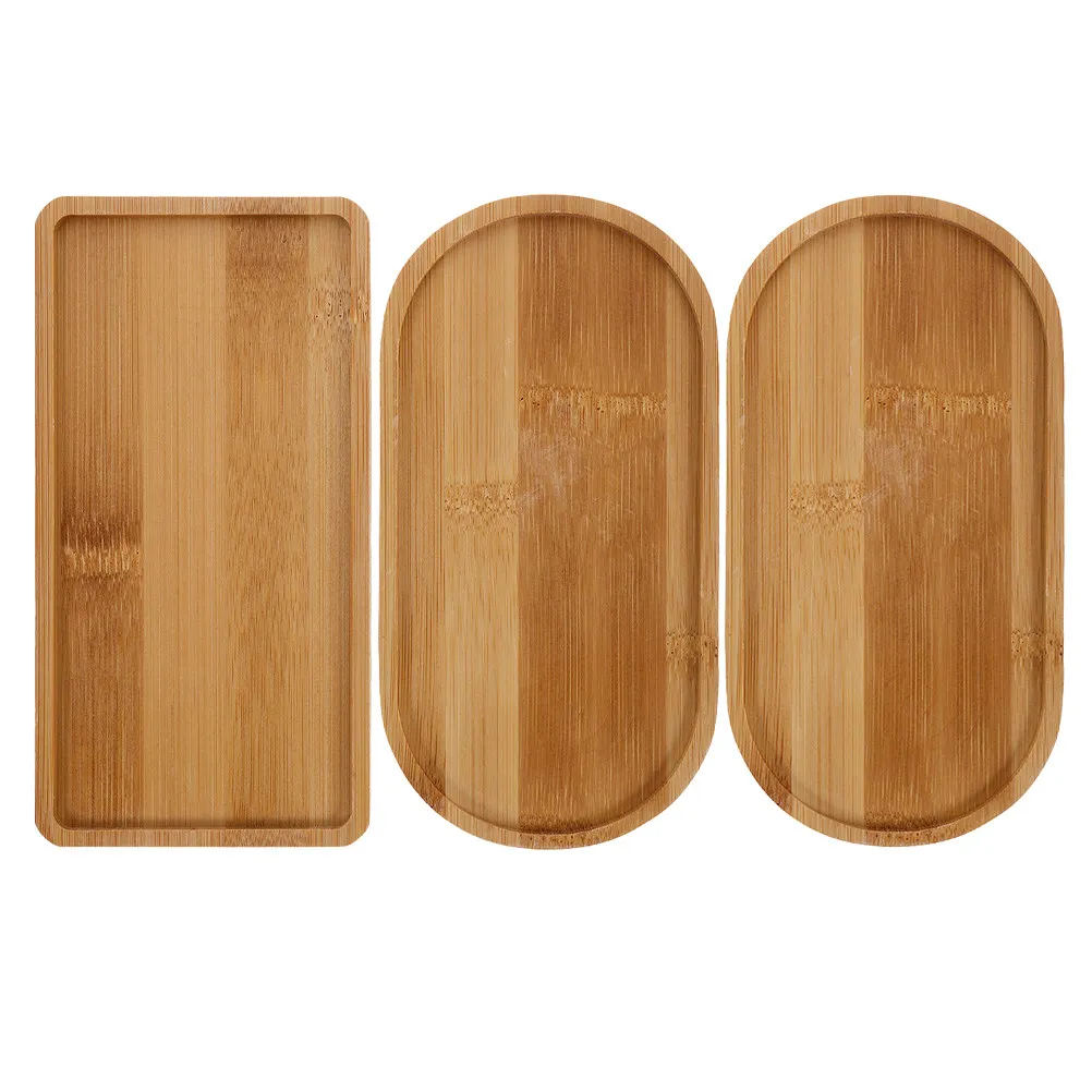 3Pcs Wooden Rectangle Tray Set Succulent Pot Bamboo Saucer Vanity Tray for Bathroom Counter Serving Coffee Tea Snacks Organizer