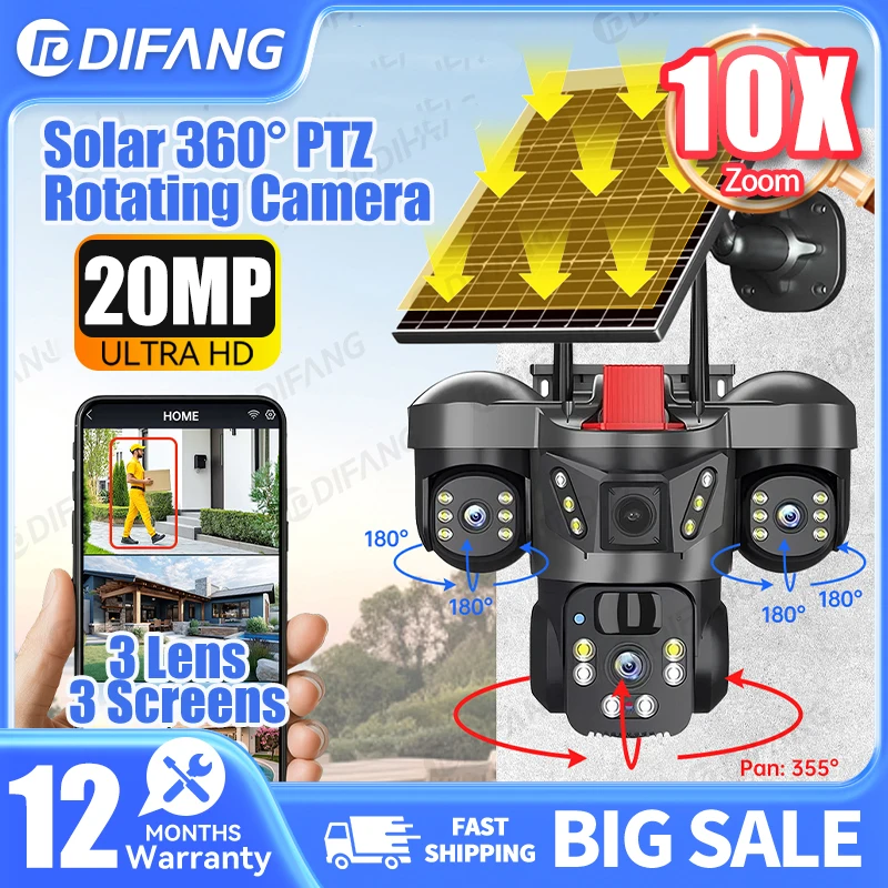 

V380 20MP Solar Security Camera 10X Zoom Outdoor 360° PTZ WIFI Cam 3 Lens 3 Screes PIR Human Detection Auto Tracking CCTV