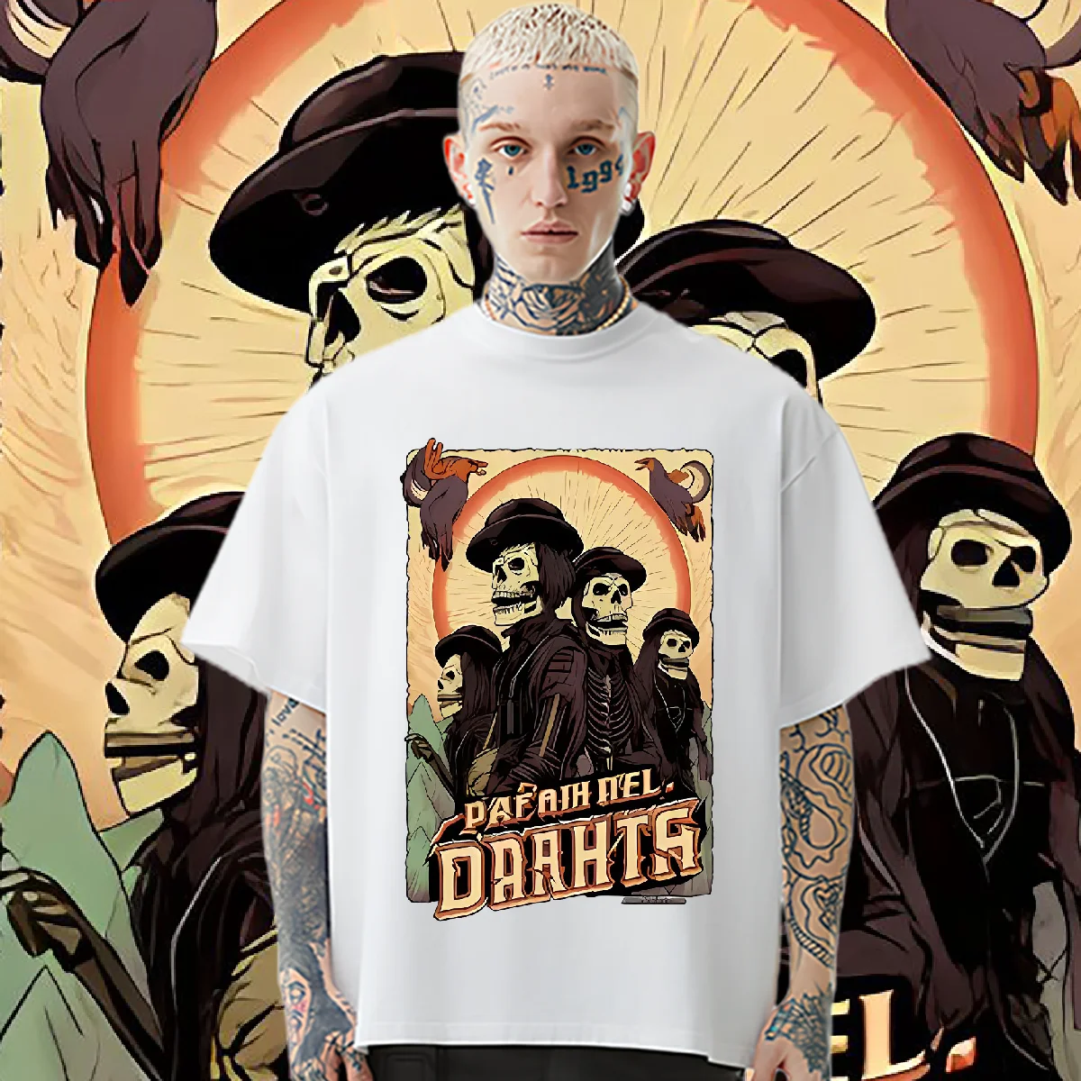 

Skulls Hip Hop T Shirt Oversized O-Neck Tee Retro For Men Woman Tees Graphic Printing Clothes Streetwear Tops Loose T-Shirt