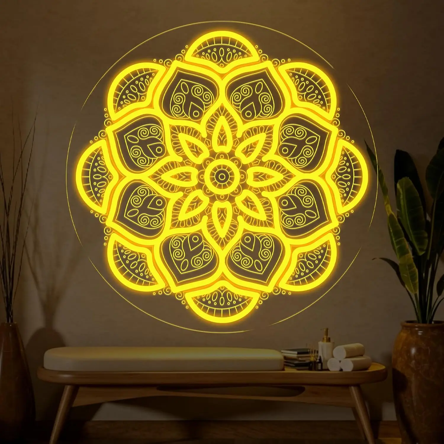 Golden Mandala Flower LED Neon Sign USB Neon Light for Yoga Meditation Room Bedroom Christmas Boho‑Style Wall Art Decor Gift