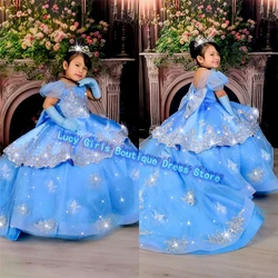 Flower Girl Dress Short Sleeves Blue Tulle Fluffy Bow Wedding Ball Dresses Little Princess Kids Birthday Party Evening Gowns