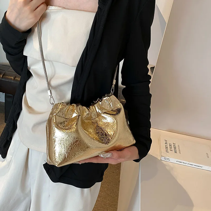 Gold Small Bucket Chain Shoudler Crossbody Bag for Women Handbag and Purses 2024 New Trendy Lady‘s Messenger Clutches Bag