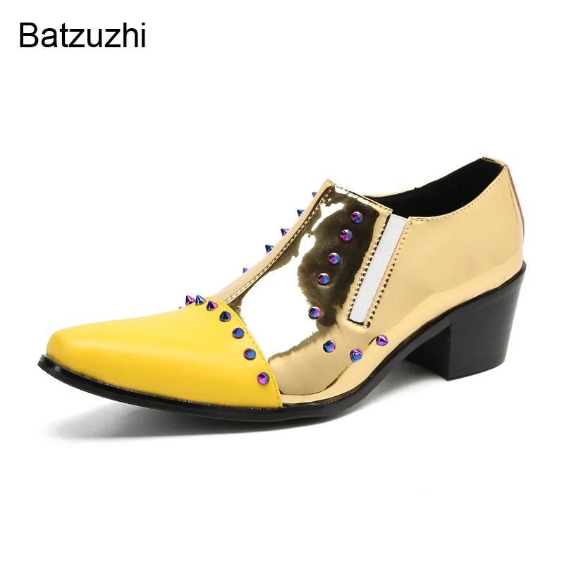 Batzuzhi Rock Handmade Men's Shoes Pointed Toe Golden Leather Dress Shoes Men 6cm Heels Slip on Business, Party, Wedding Shoes!