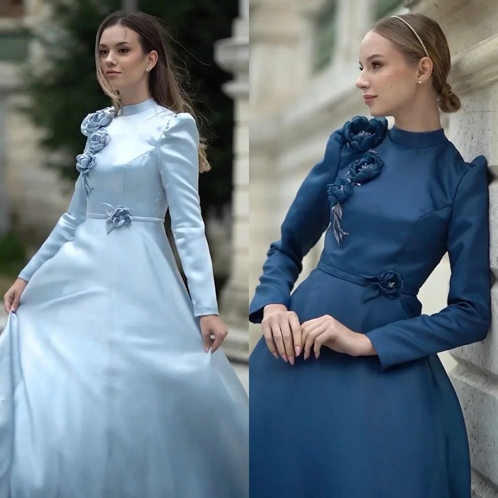 Vestido Midi de satén con flores para mujer, traje de compromiso, línea A, cuello alto, a medida