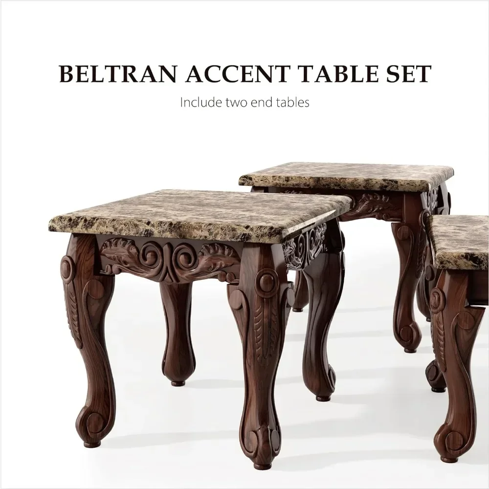 3pcs Traditional Faux Marble Top Accent Tables Set Cafe Furniture Set for Living Room Dark Oak Coffee Mesas Table