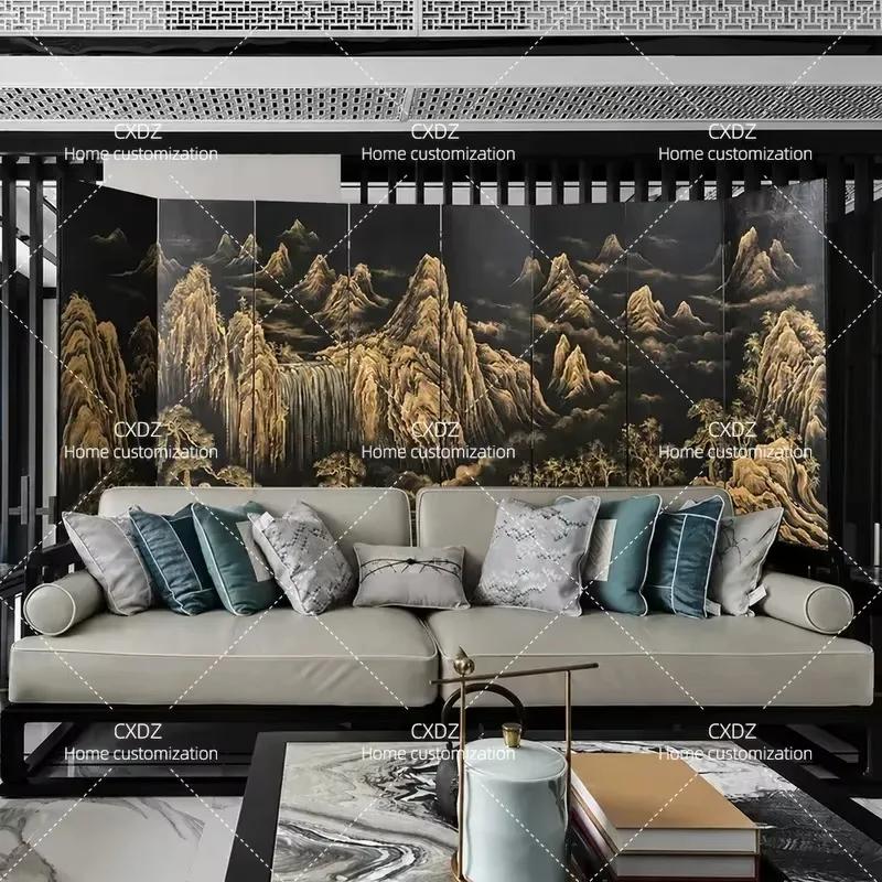 New Chinese Style Home Partition Living Room Folding Mobile Office Entrance Landscape Screen Old Antique Lacquer