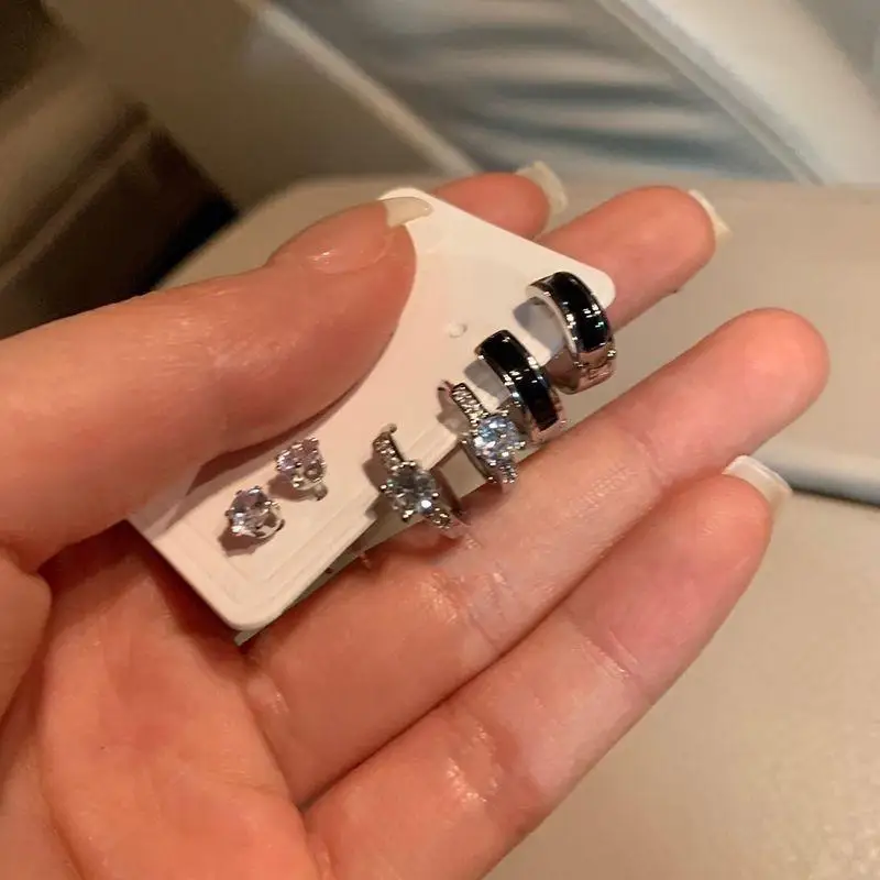 3Pairs Silver Earring Set Sparkling Cubic Zirconia Black Enamel Design For Daily Party Dating Women Jewelry Accessory