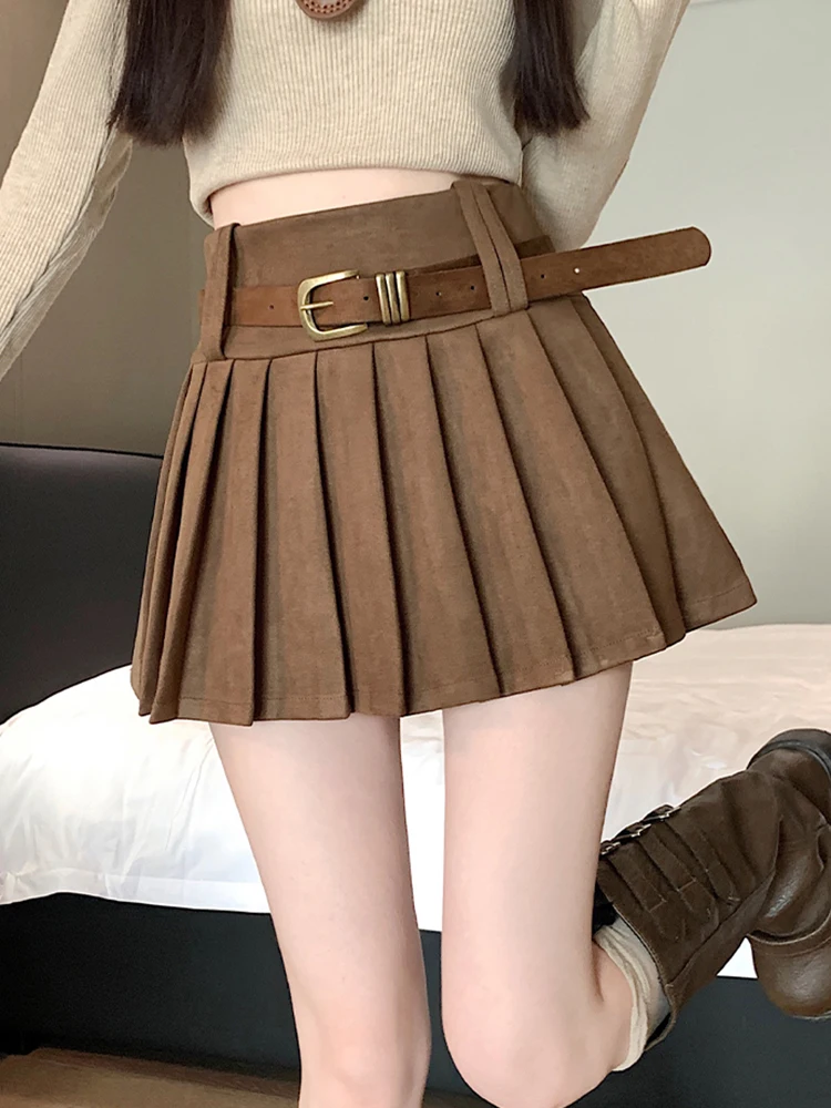 Spódnica mini z imitacji zamszu, z paskiem, plisowana, damska, z wysokim stanem, w stylu vintage, seksowna, jesienno-zimowa, w stylu preppy, koreańska spódnica w kształcie litery A.
