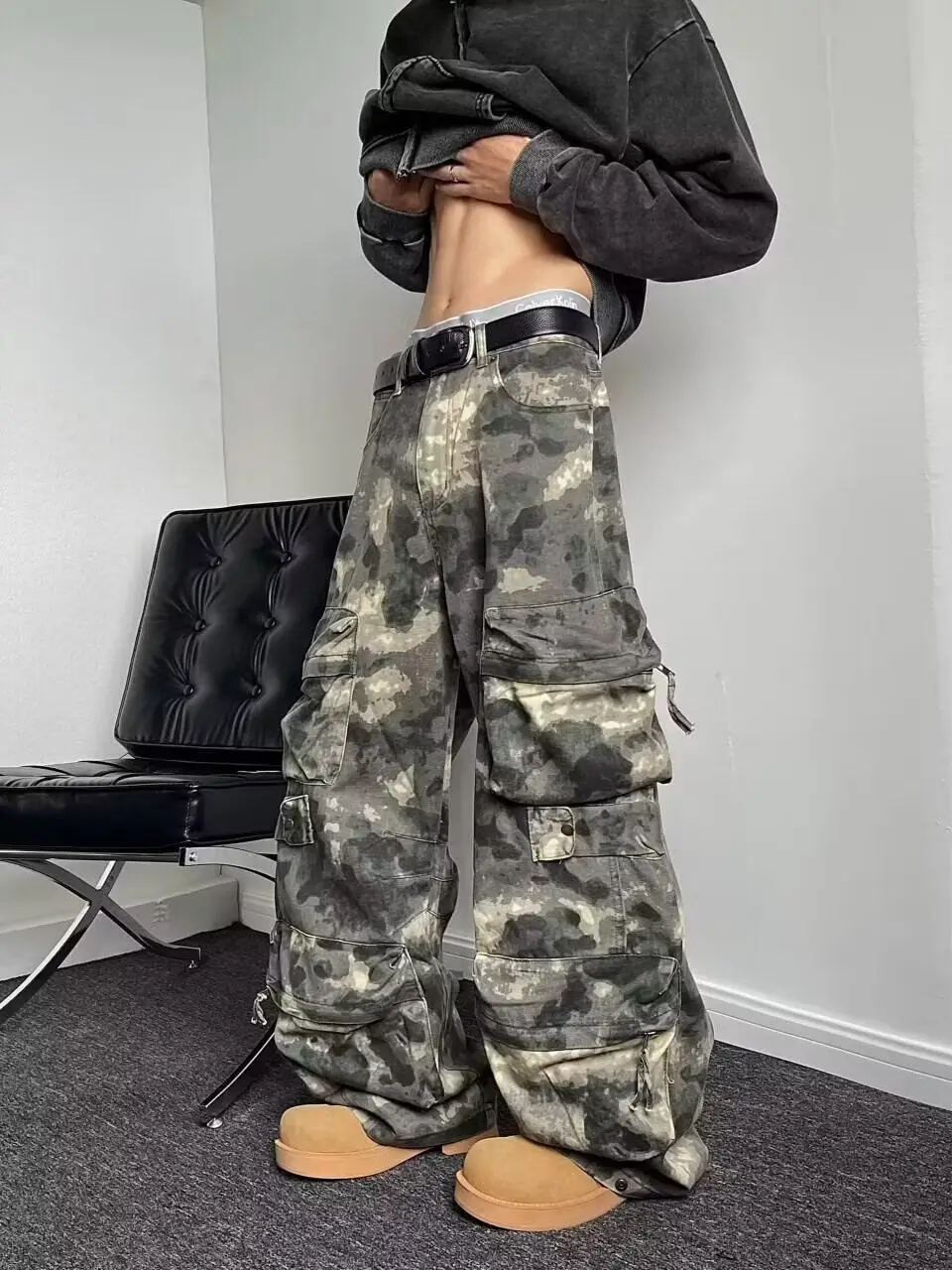 

American Retro Camouflage Workwear Jeans Men's Loose Straight Leg Pants Multi-ket High Street Wide Leg Long Trousers