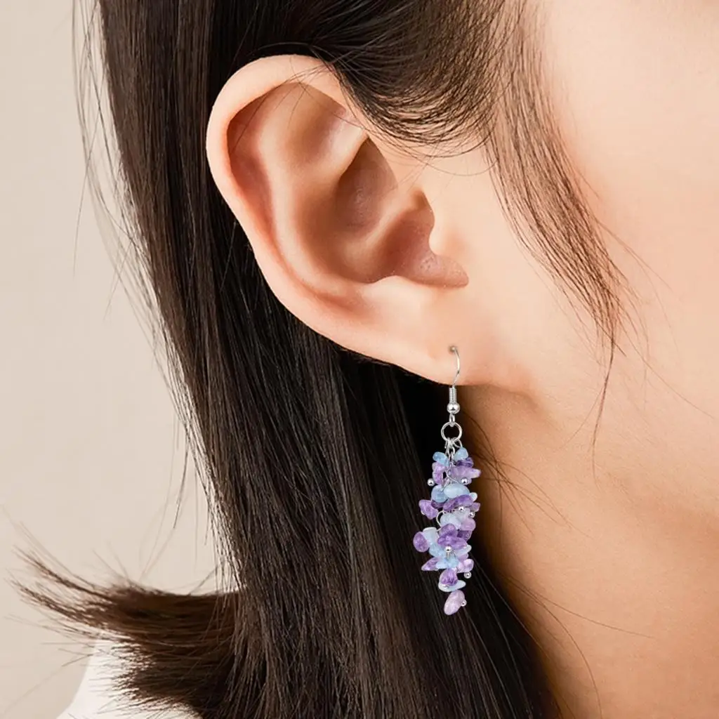 Natural Crystal Chip Stones Dangle Earrings For Women Reiki Healing Tumbled Stone Long Drop Hook Eardrop