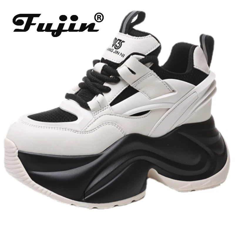 Fujin 8cm Air Mesh Genuine Leather Hollow Casual Fashion Summer Ins Hot Sell Women Chunky Sneakers Platform Wedge Comfy Shoes