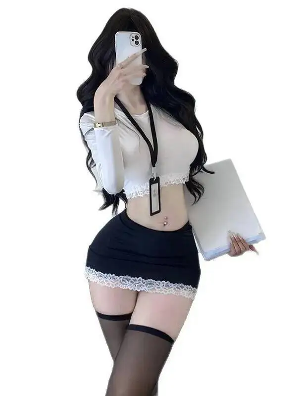 Pure Desire Secretary Skirt Set OL Tight Transparent Sexy Nightdress Uniform Nightclub Teacher Hollow Out Bodycon Skirt Set 9710