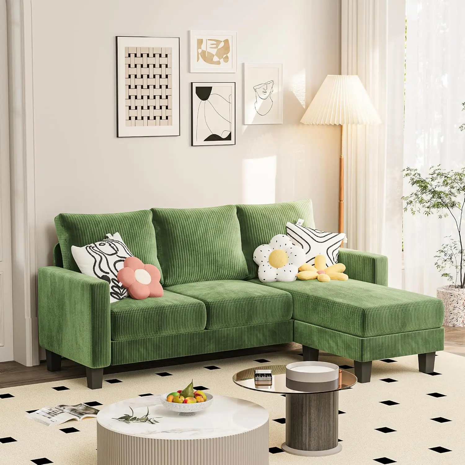 

Couch for Small Living Room, 73" Small Sofa with Reversible Ottoman, 3 Seat L-Shaped Sofas, Comfy Couches for Apartment (Corduro