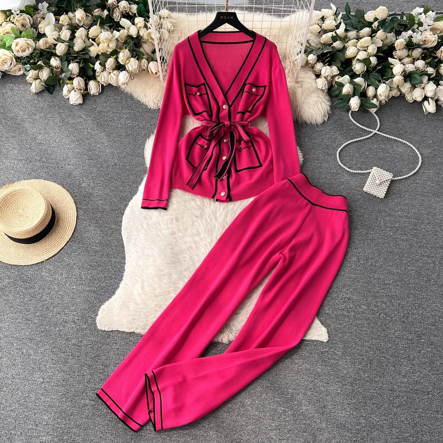 Autumn Winter Women Long Sleeve Pockets Sash Knitted Cardigans Coat + Wide Leg Full Pants Sets Two Piece Set Womens Outfits