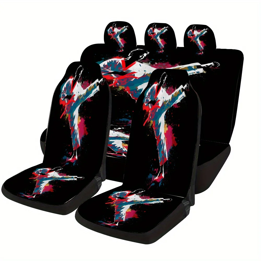 Taekwondo Fighter Mid-air Flying Kick Colorful Splash Background Theme Car Seat Cover Set, Suitable For Most Cars, Fashionable A