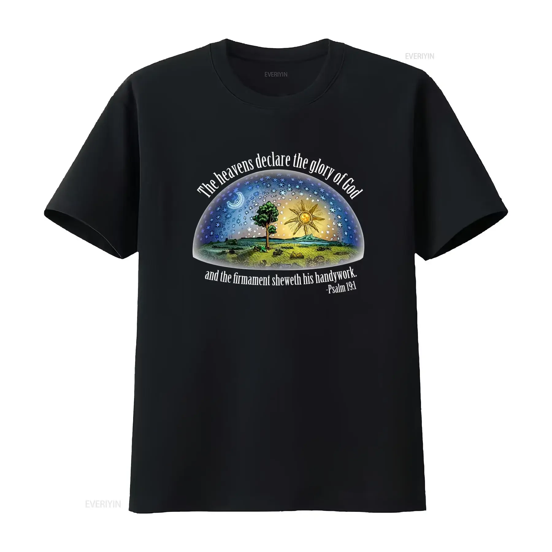 Camiseta con estampado vintage lavado de Salmos 19:1 de la Tierra Plana, el Firmamento y los Cielos que declaran la gloria de Dios con estrellas, noche, sol, árbol y luna.